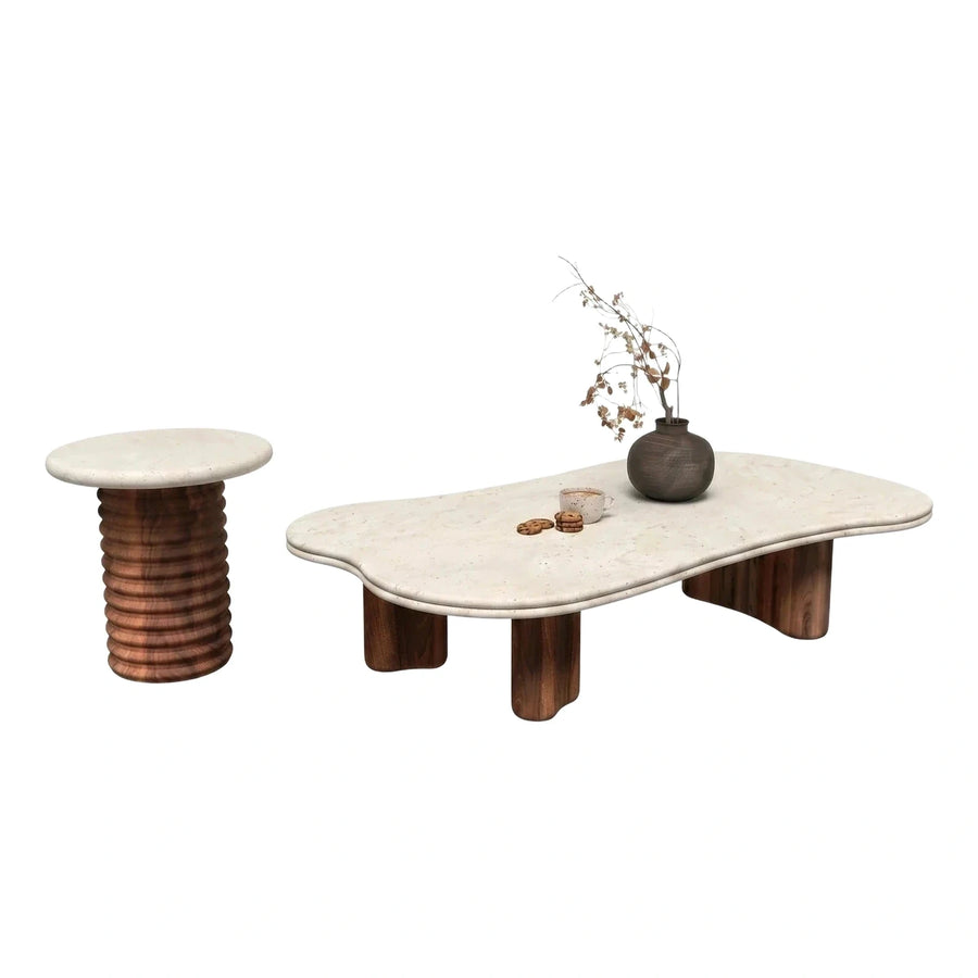 Organic Stone Coffee Table and Fluted Side Table Set