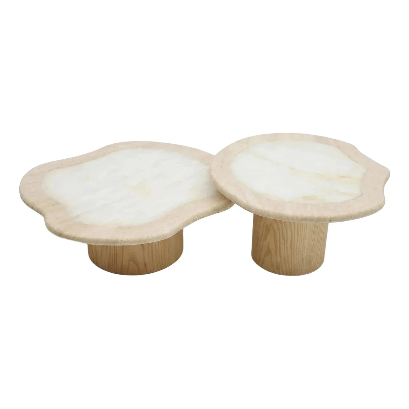 Organic Shape Stone Top Wood Base Coffee Tables
