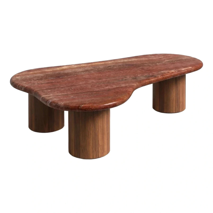 Reddish Stone Slab Coffee Table With Wooden Cylinder Base