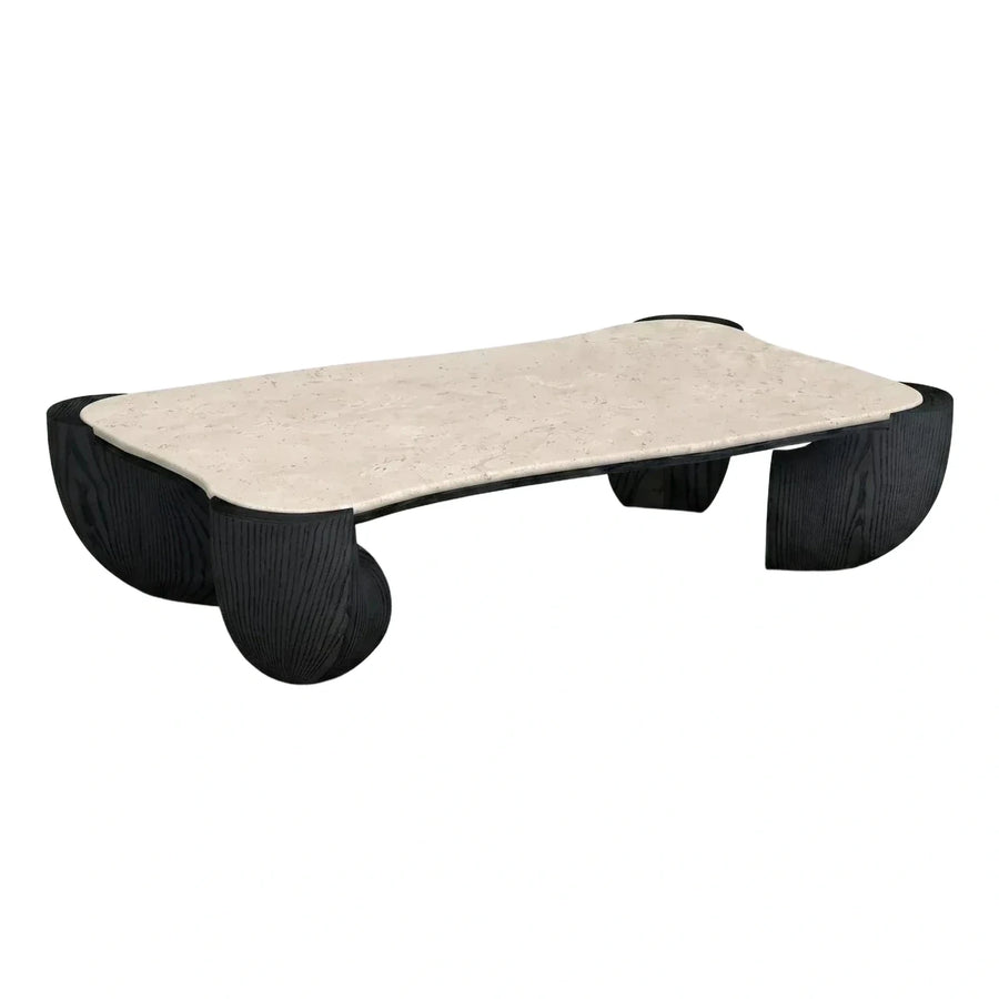 Organic Shaped Stone Coffee Table with Fluted Black Wood Base