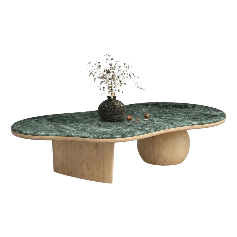 Green Marble Top Organic Wood Base Coffee Table