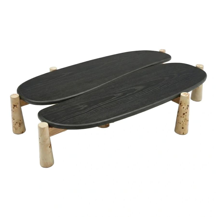 Dual Oval Black Wood Coffee Table With Natural Legs