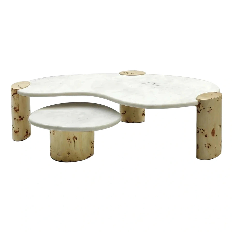 Organic Curved White Marble Coffee Table with Wood Base