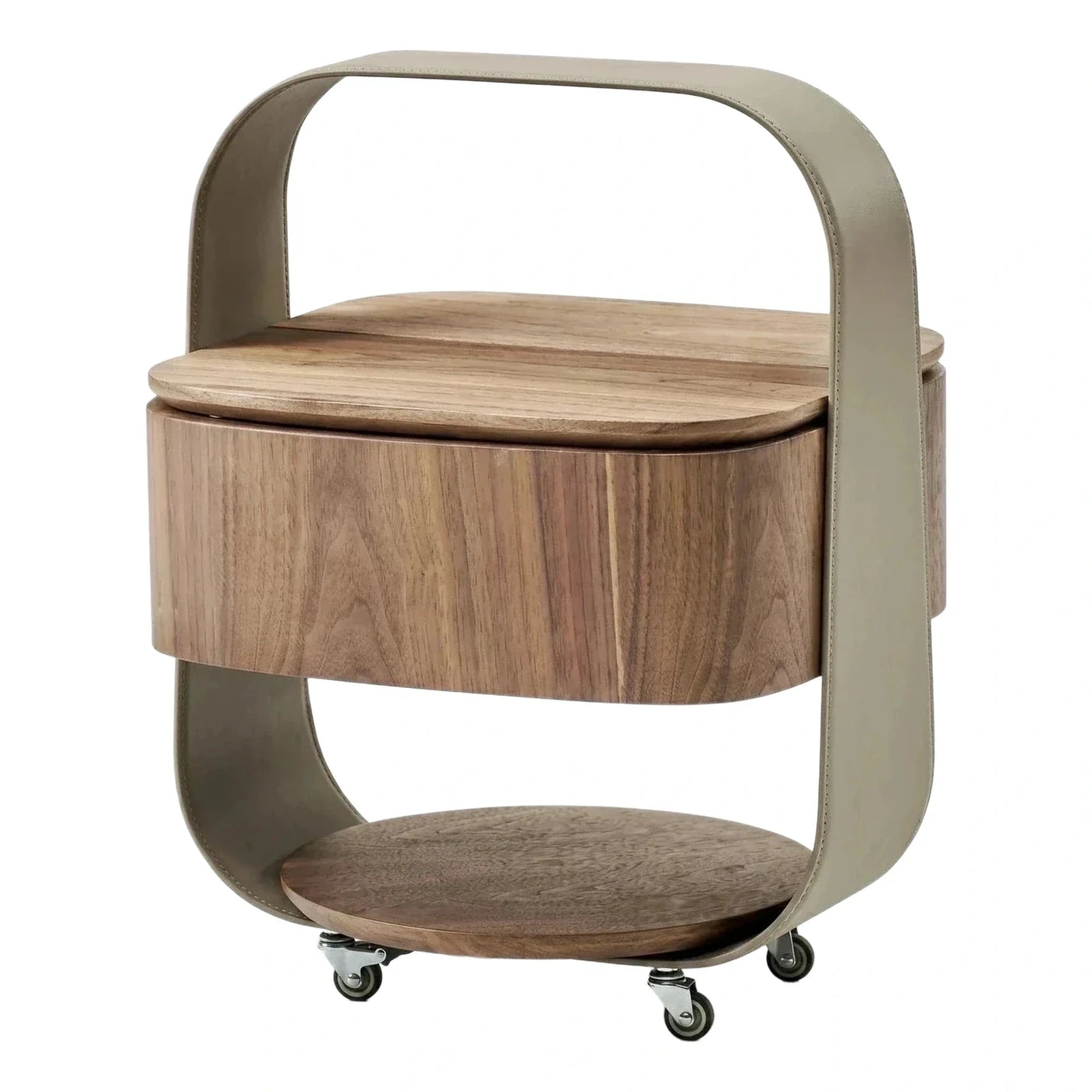 Modern U-Shaped Leather and Wood Side Table