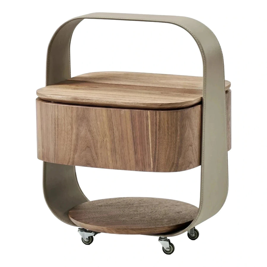 Modern U-Shaped Leather and Wood Side Table