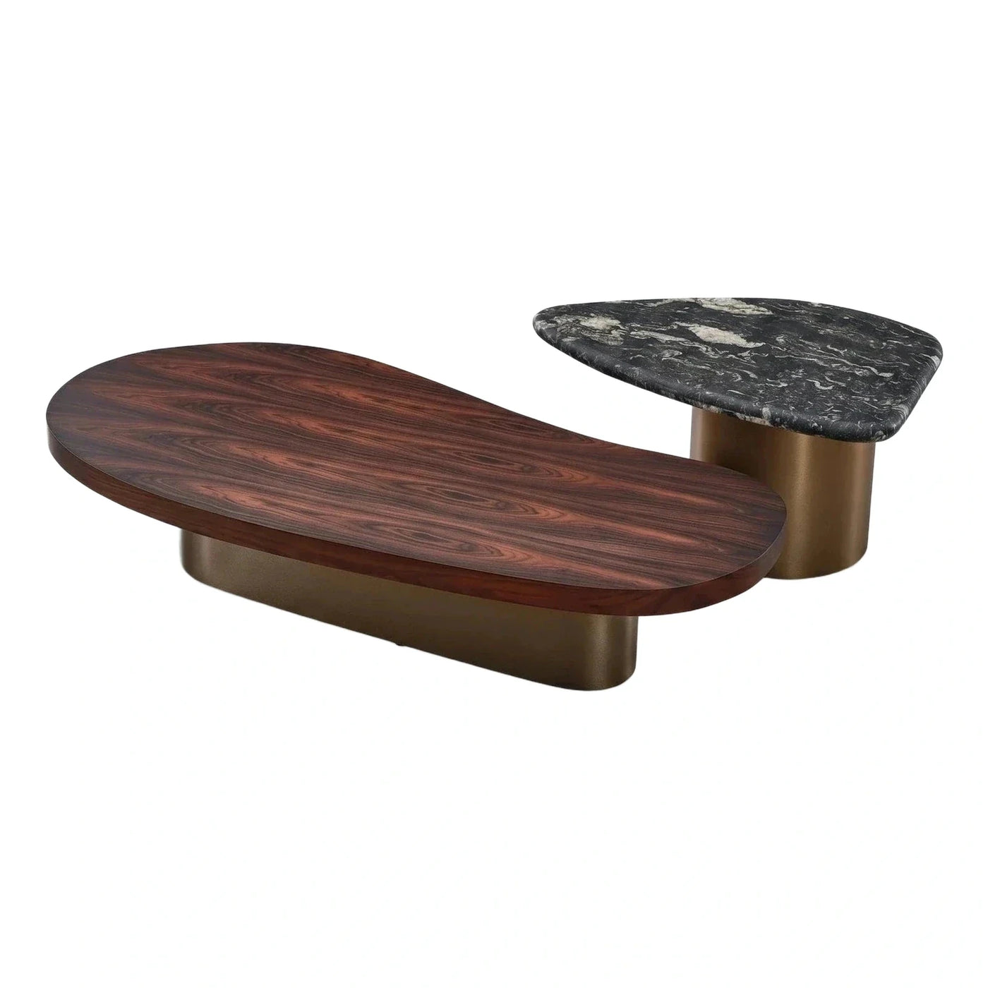 Modern Organic Coffee Table Set Wood Marble Bronze Base