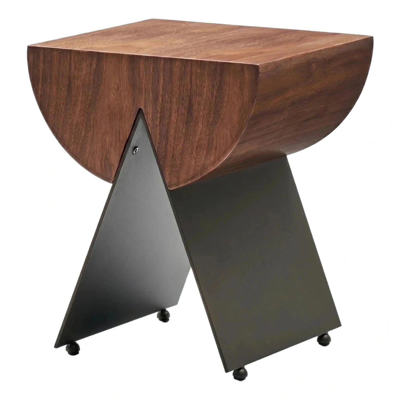 Modern Walnut Side Table with Geometric Black Metal Base