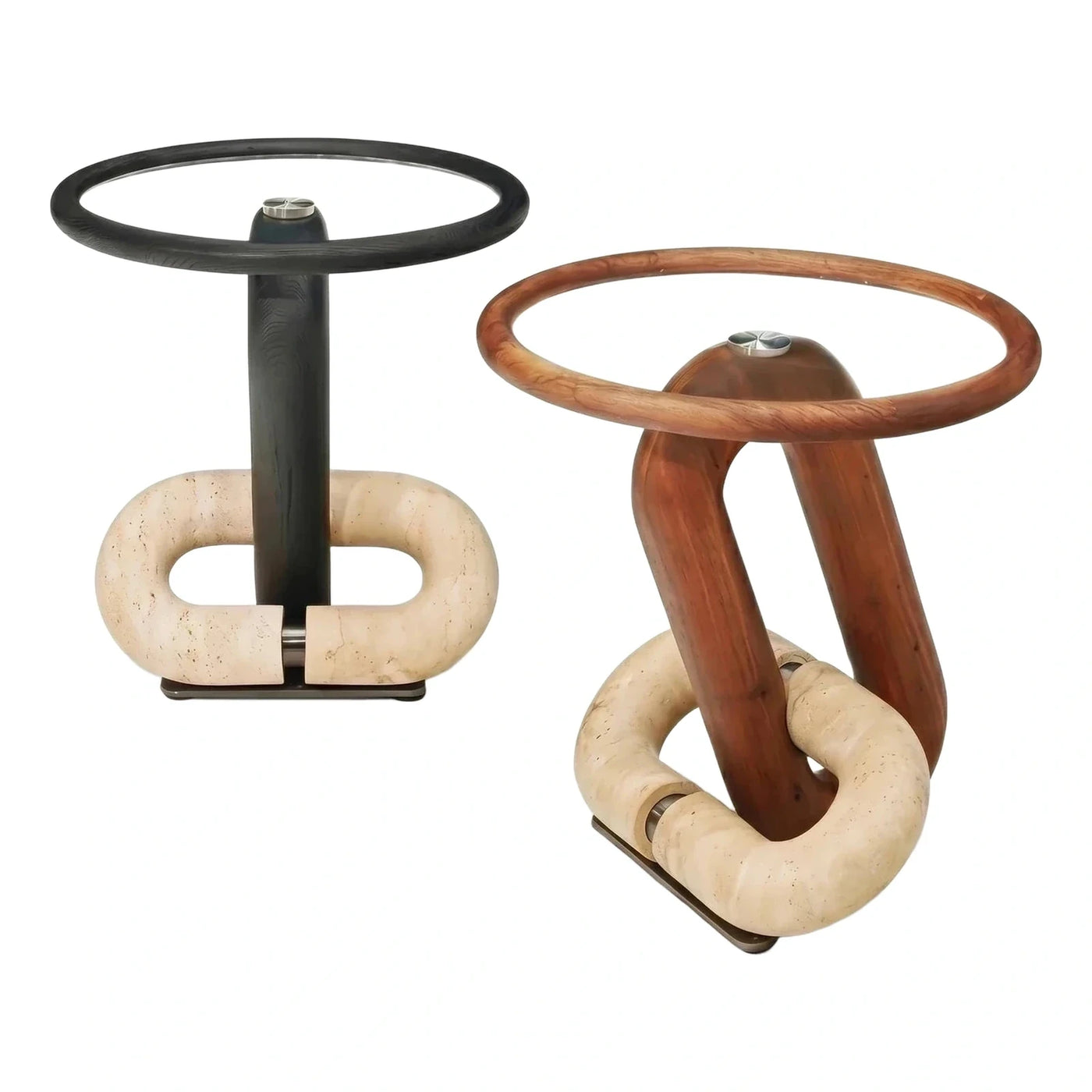 Sculptural Wood and Stone Glass Side Table