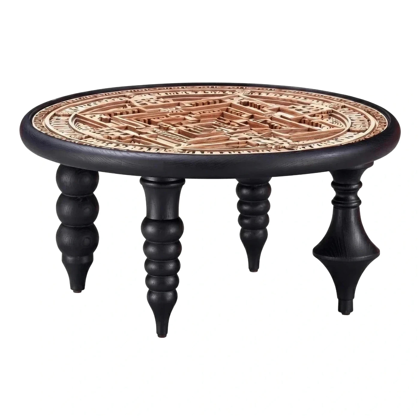 Round Black Coffee Table with Intricate Wood Maze Inlay