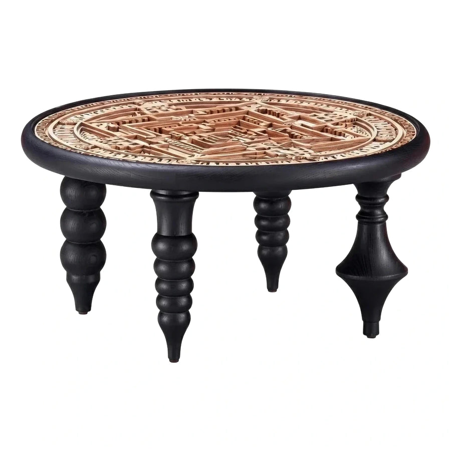 Round Black Coffee Table with Intricate Wood Maze Inlay