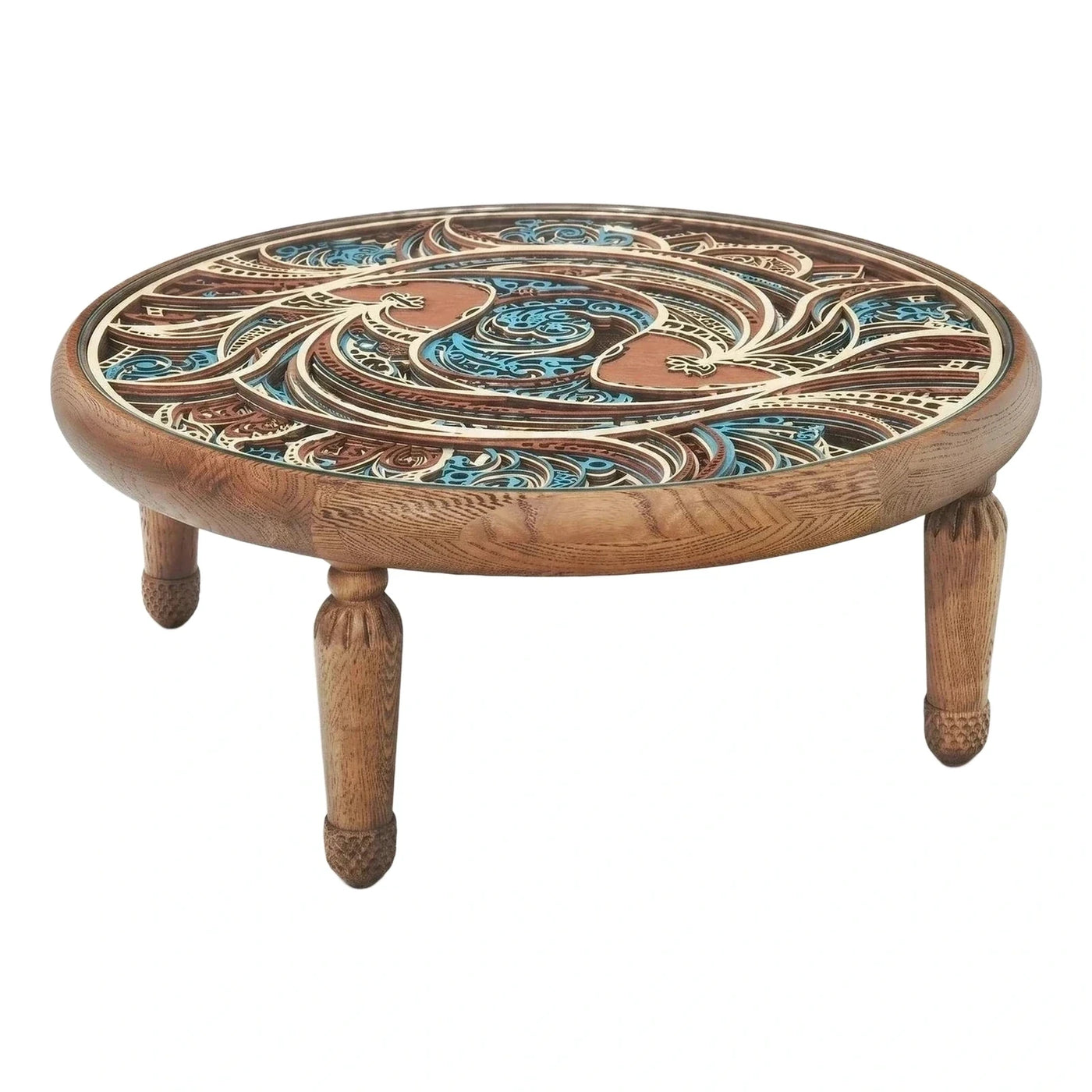Round Wooden Coffee Table with Intricate Layered Inlay Top