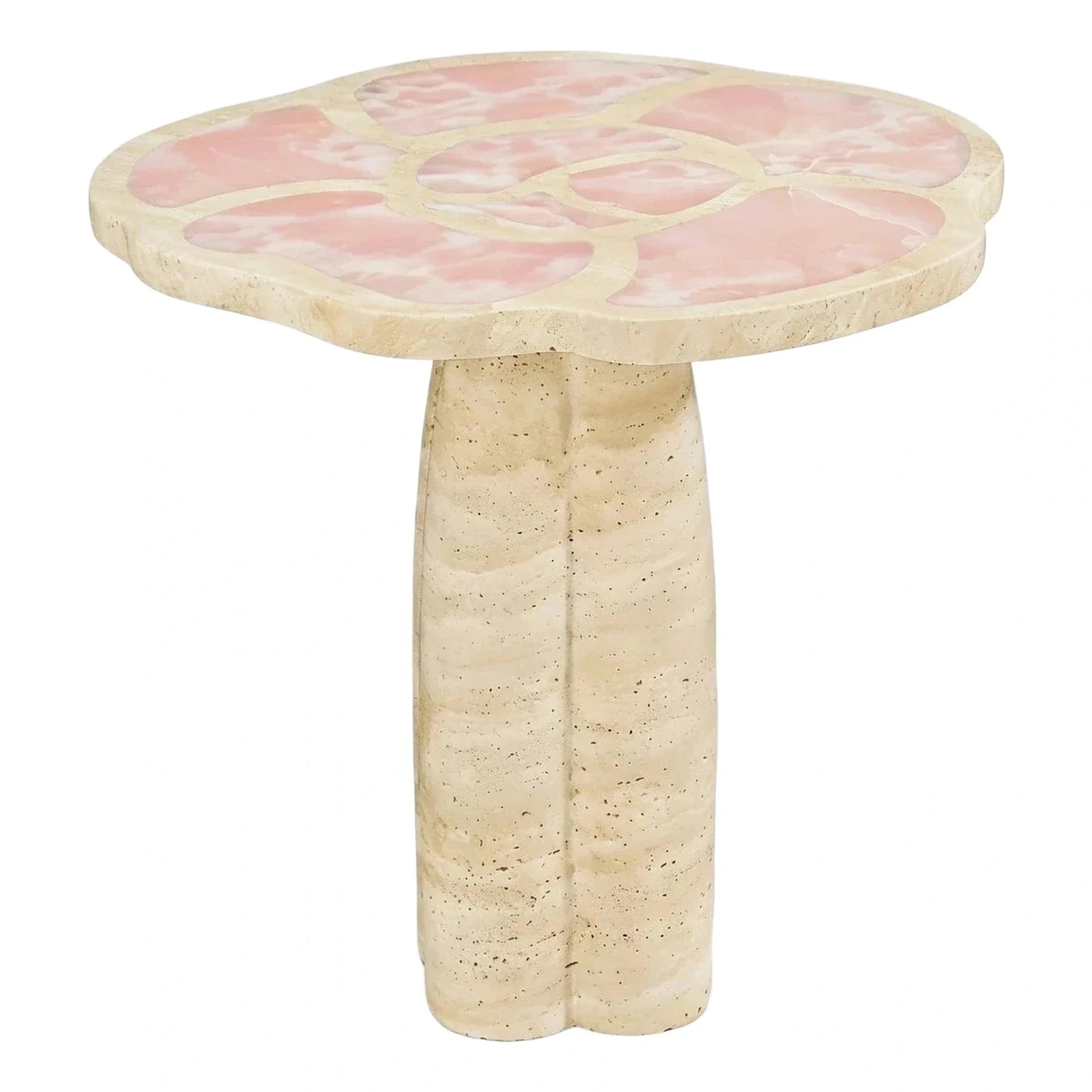 Pink Stone Inlay Travertine Pedestal Side Table