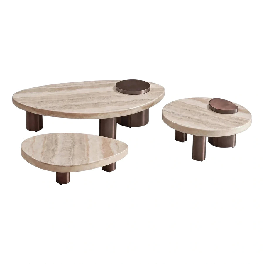 Modern Organic Stone Coffee Table Set Bronze Base