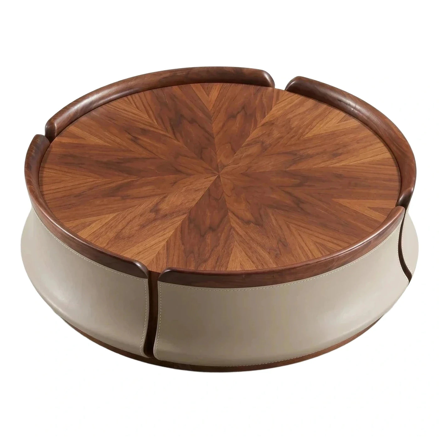 Round Sunburst Wood Top Leather Base Coffee Table