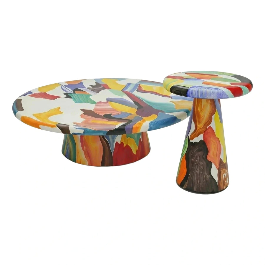 Multicolor Abstract Painted Round Coffee and Side Table Set