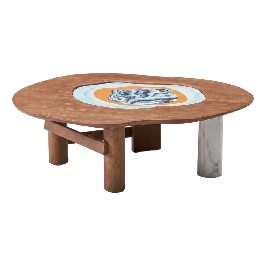 Organic Wood Coffee Table with Marble Leg and Art Inlay