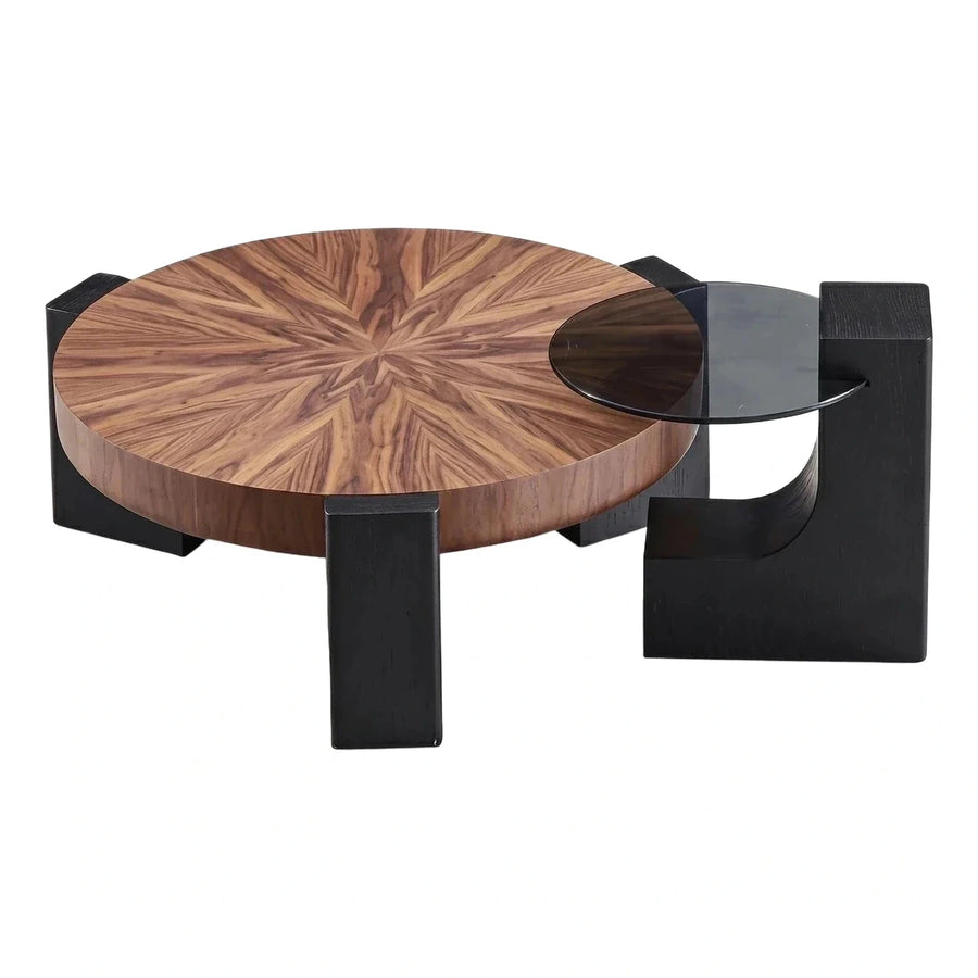 Round Coffee Table with Sunburst Top and Glass Shelf