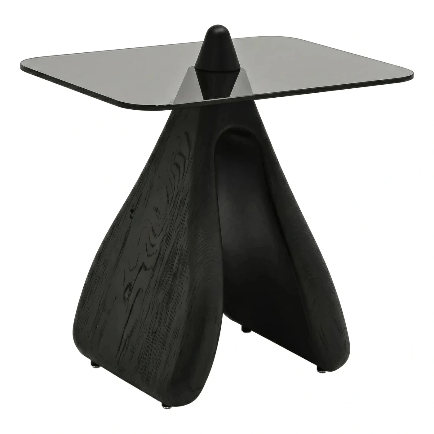 Black Sculptural Wood Base Triangular Glass Side Table