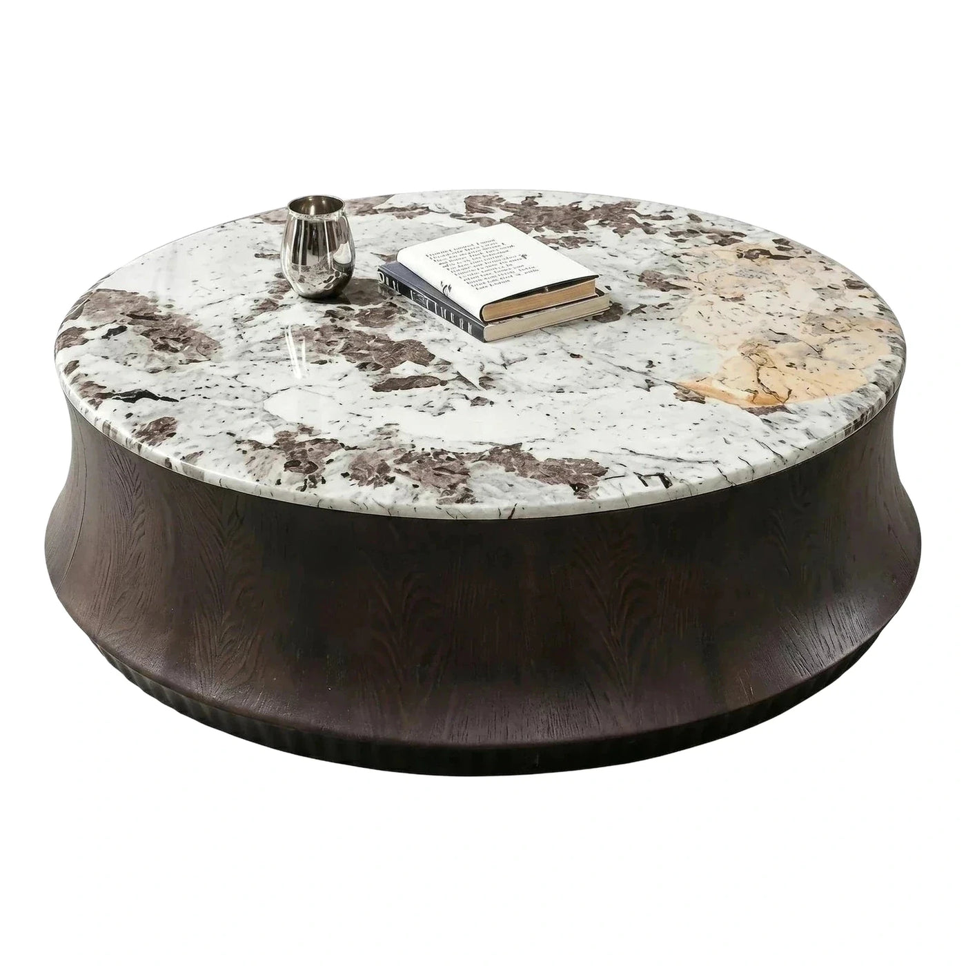 Round Marble Top Coffee Table Dark Wood Base