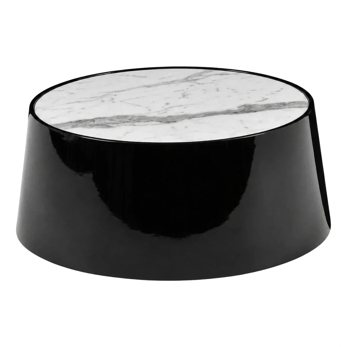 Modern Black Glossy Round Coffee Table with Marble Top