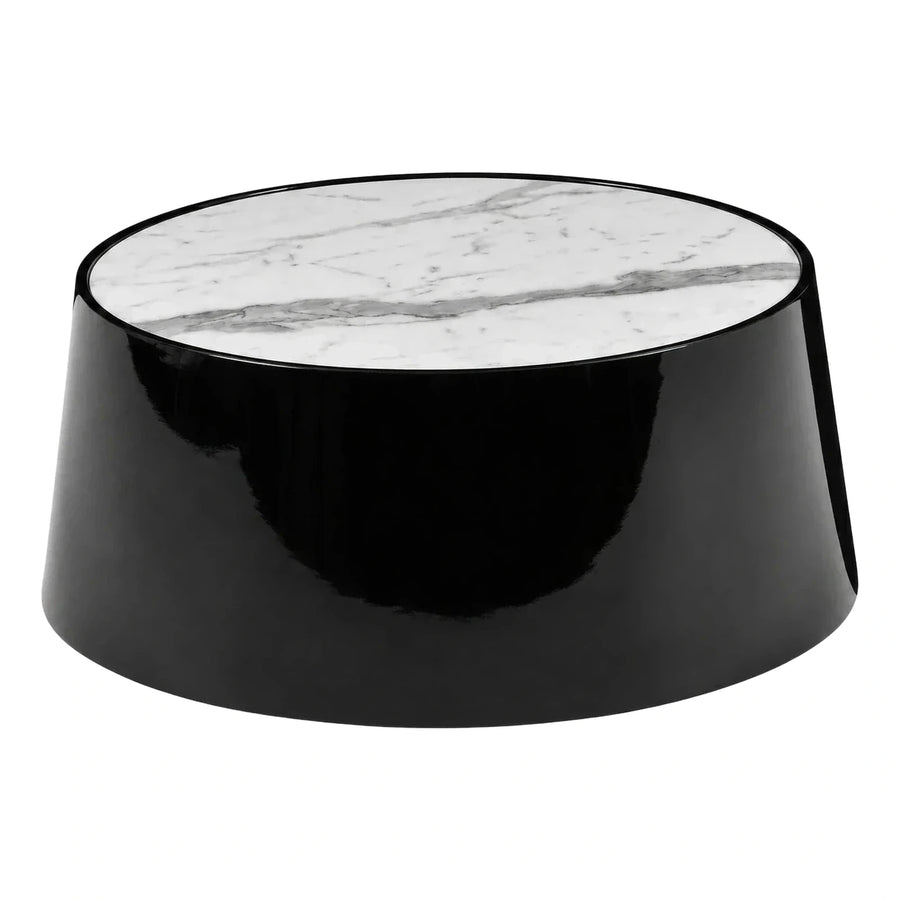 Modern Black Glossy Round Coffee Table with Marble Top