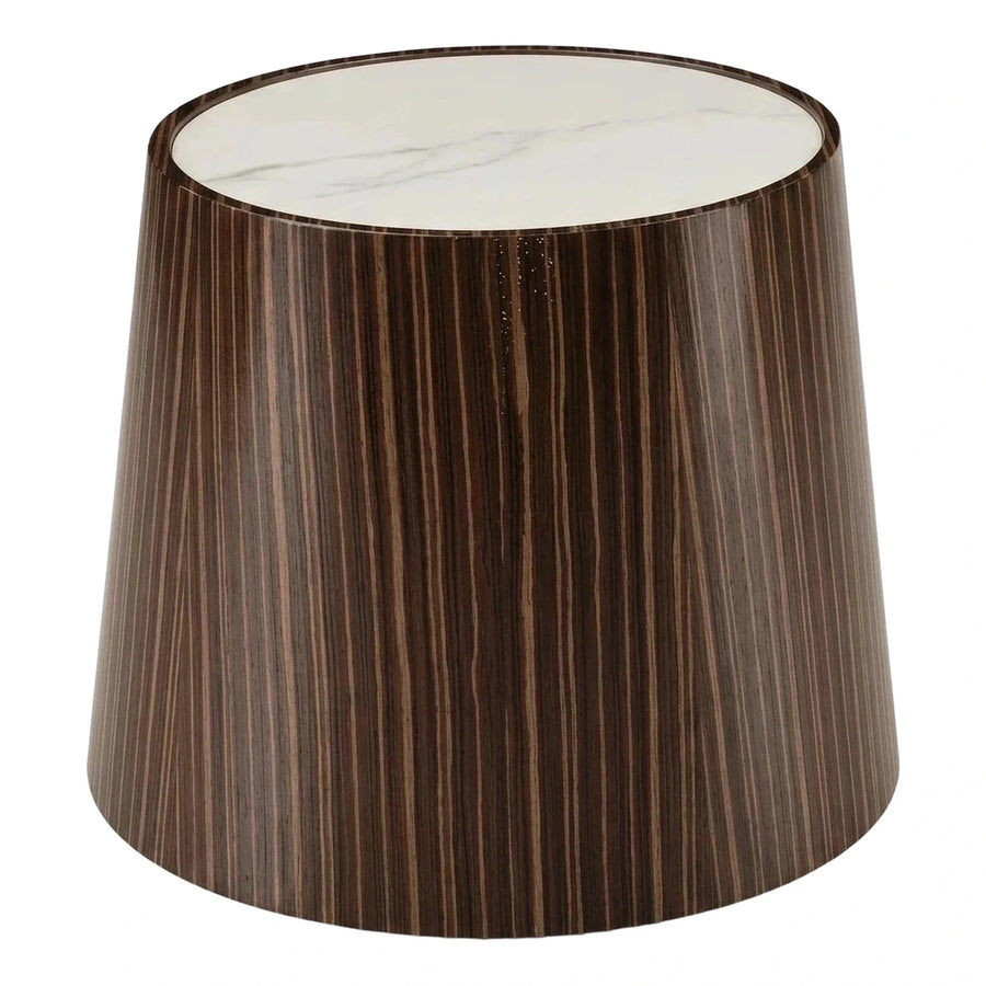 Round Tapered Wood Side Table with Marble Top