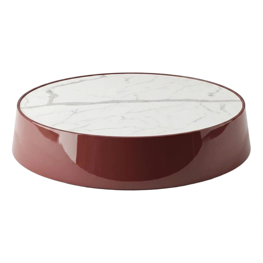 Round Coffee Table White Marble Top Glossy Reddish Base