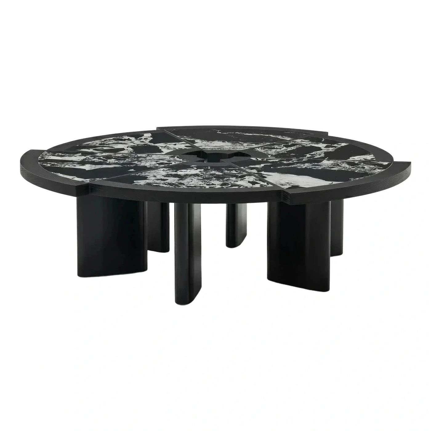 Modern Black Stone Round Coffee Table with Segmented Top