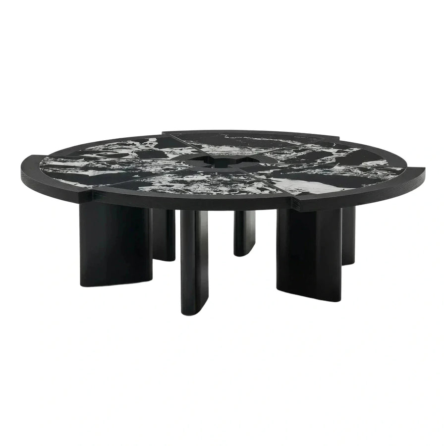 Modern Black Stone Round Coffee Table with Segmented Top