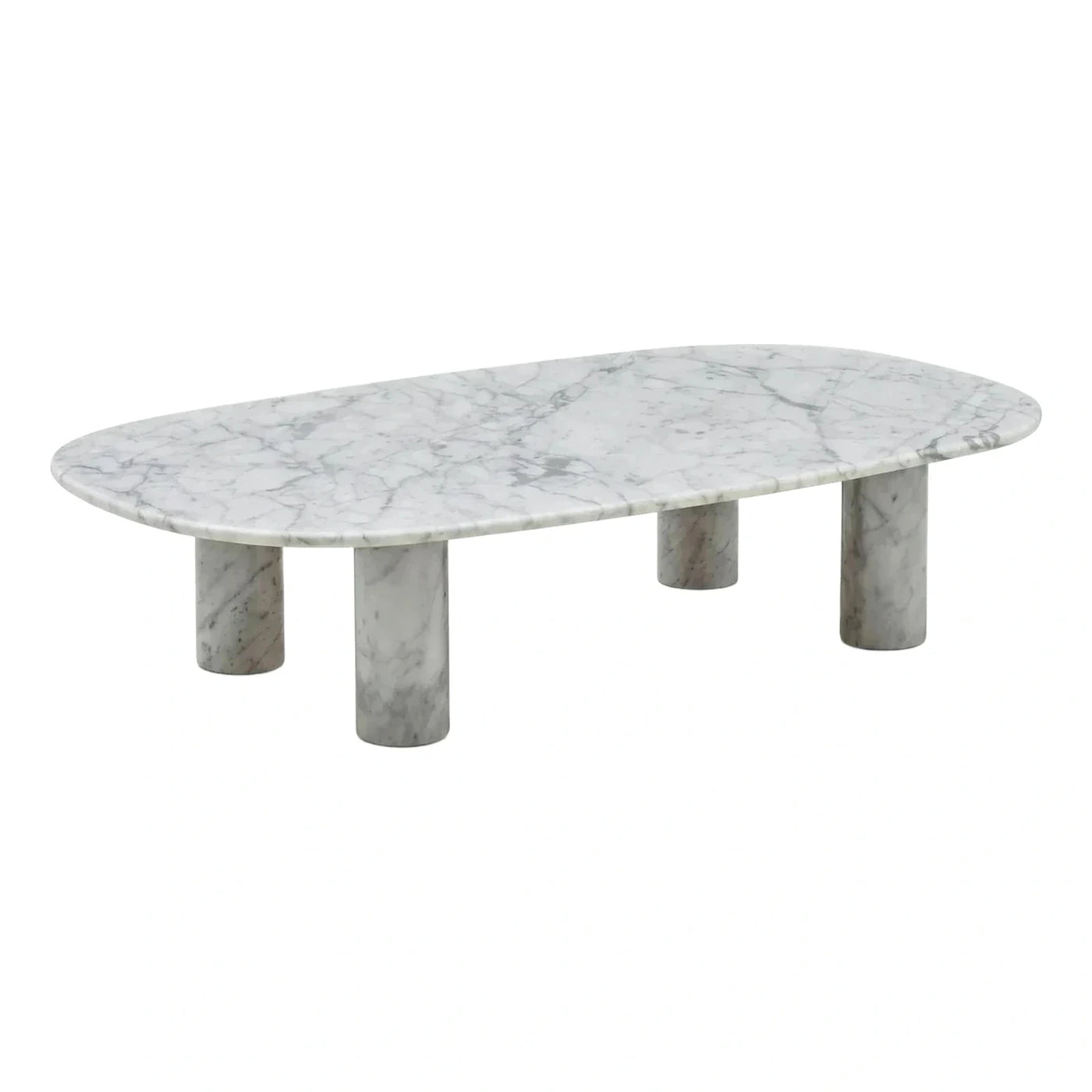 Oval White Marble Coffee Table with Cylindrical Legs