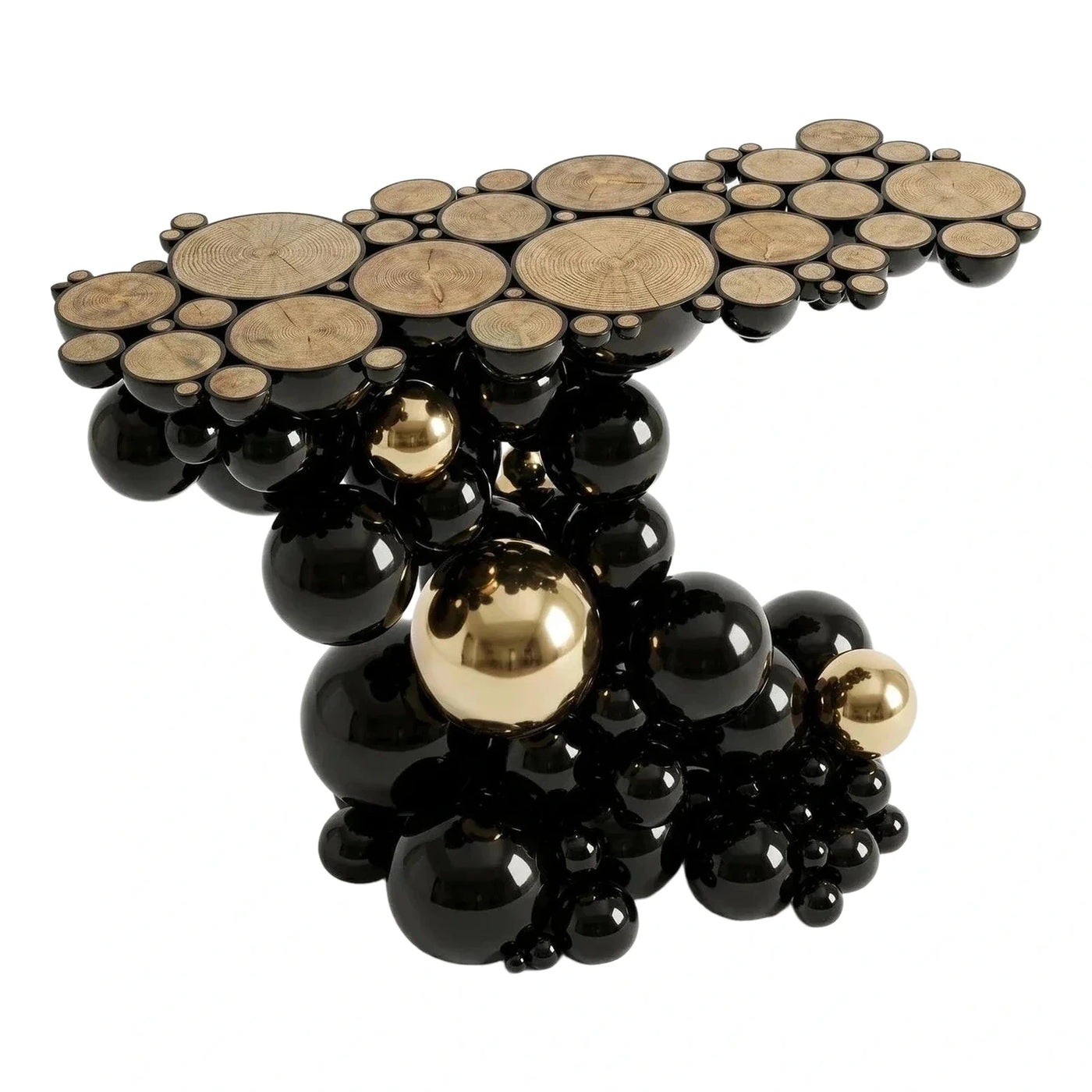 Sculptural Black Gold Sphere Wood Slice Coffee Table