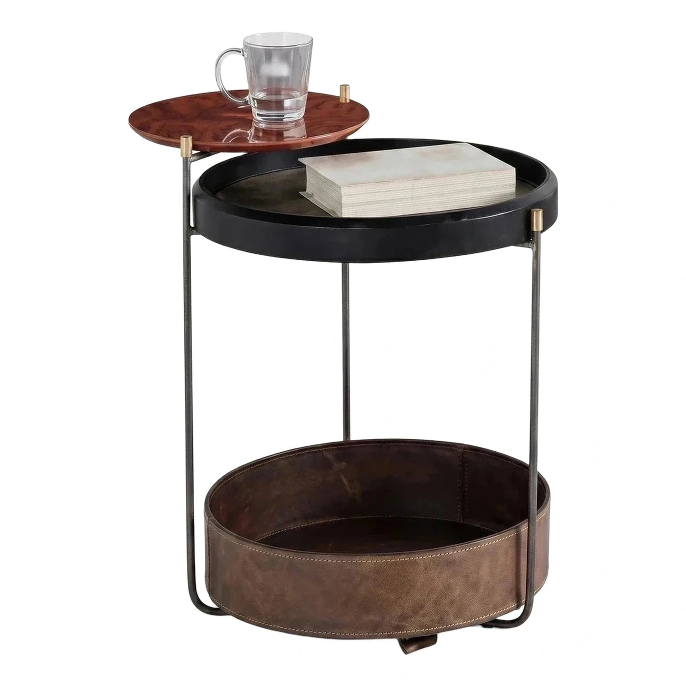 Modern Round Side Table with Leather Storage Basket