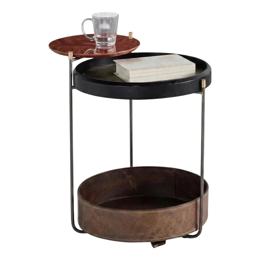 Modern Round Side Table with Leather Storage Basket