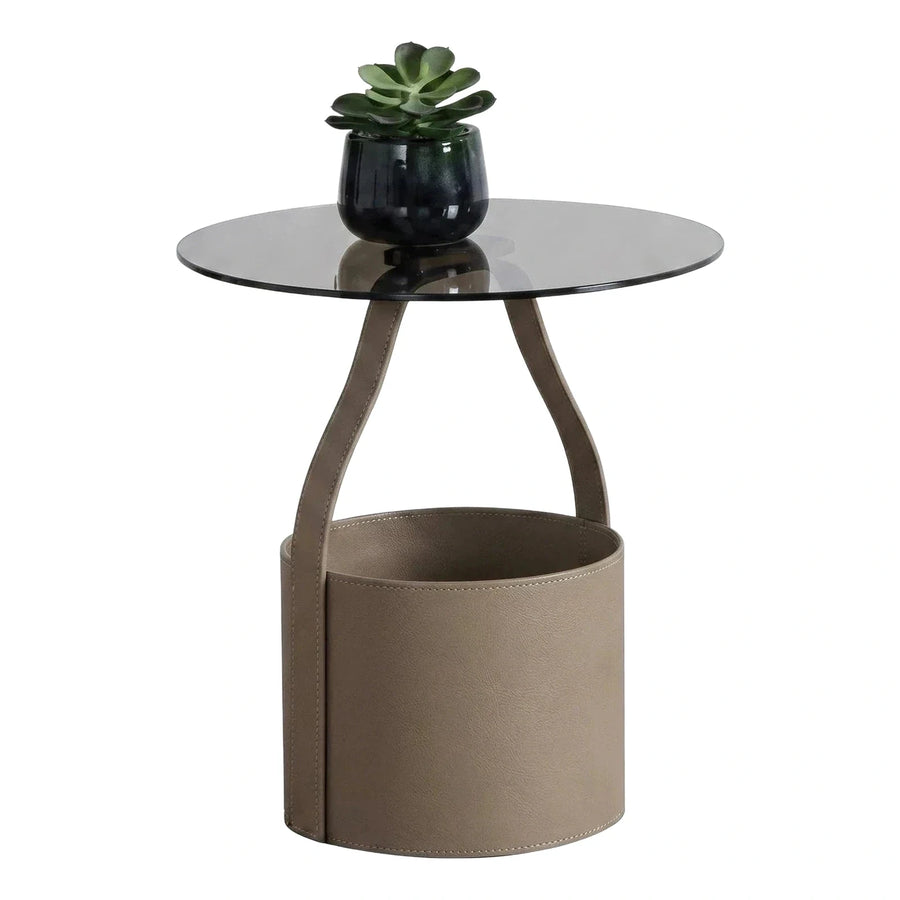 Modern Round Glass Side Table with Leather Storage Base