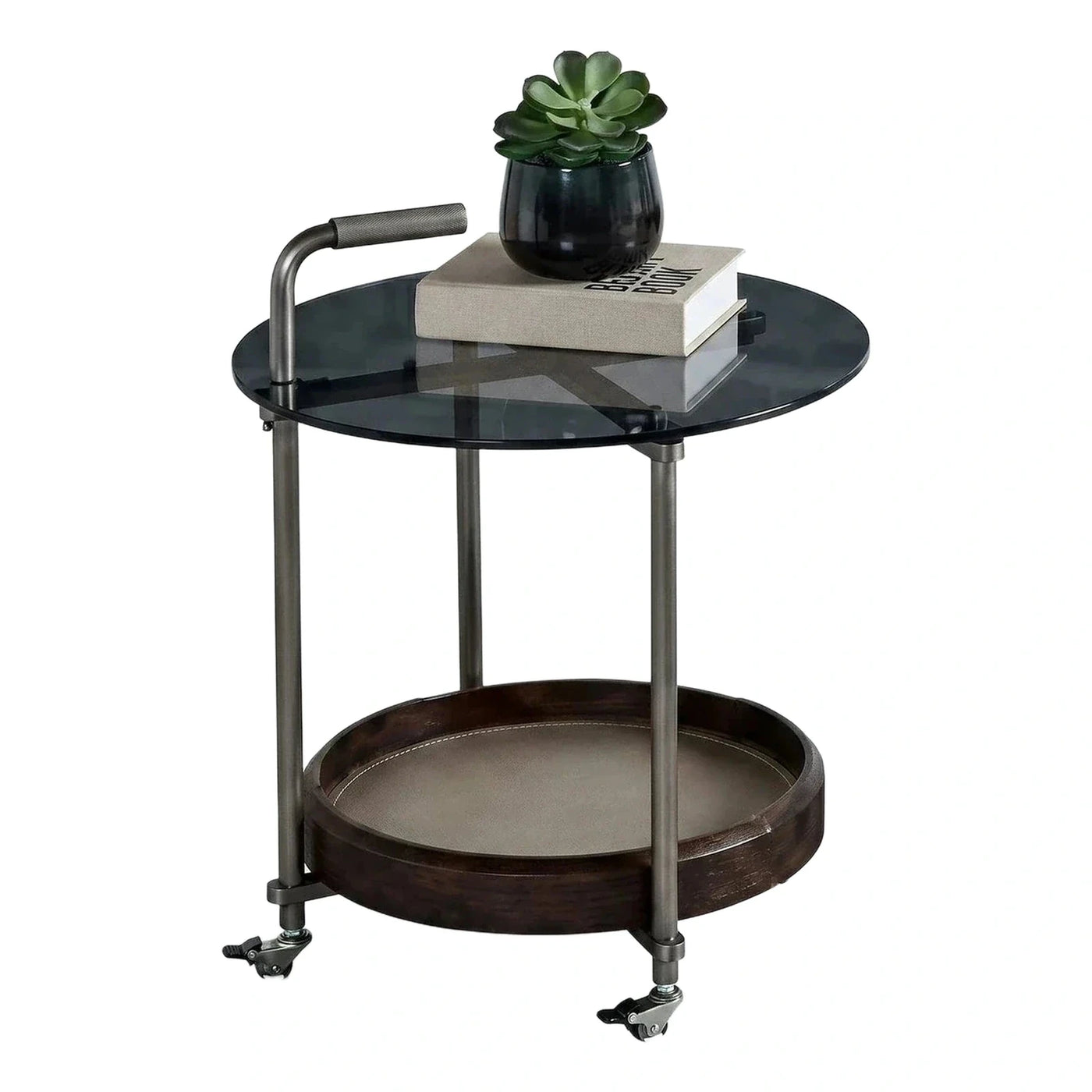 Round Glass Top Side Table with Leather Tray Shelf