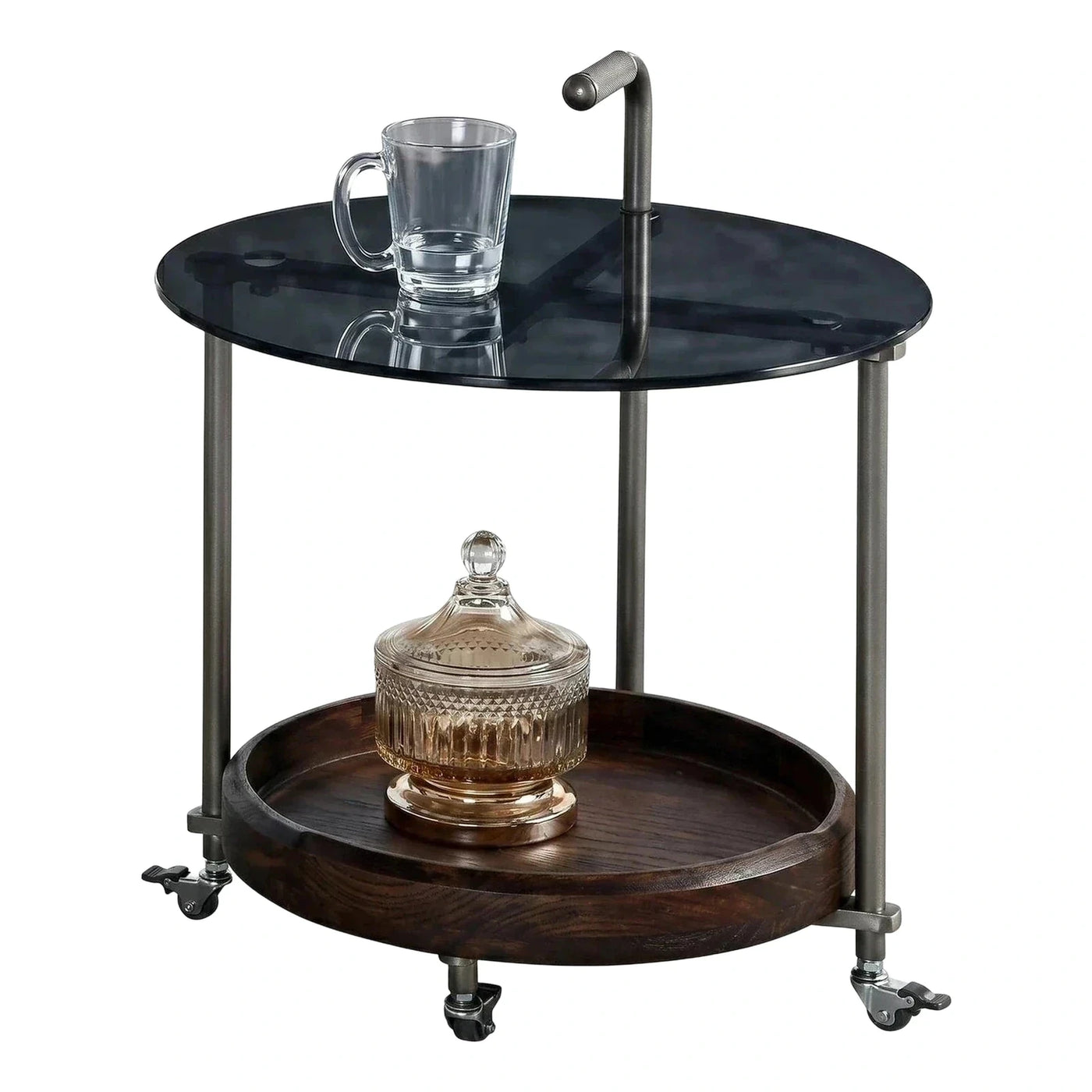 Round Rolling Side Table with Black Glass and Wood Tray