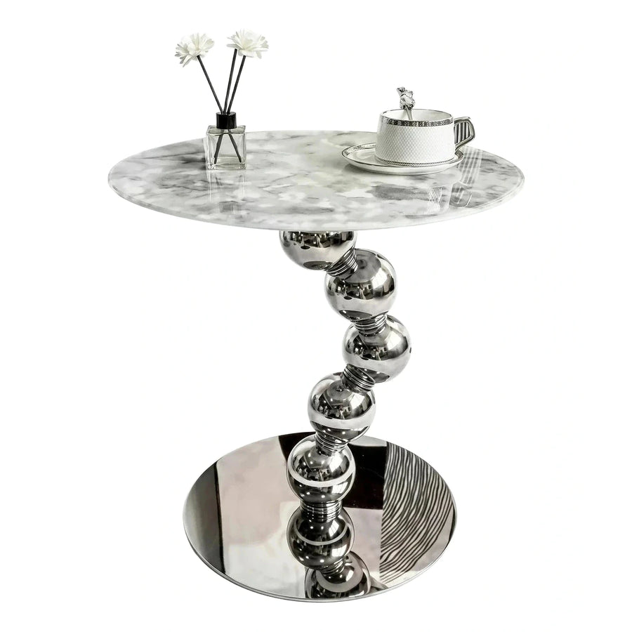 Round Marble Top Side Table with Chrome Sphere Base