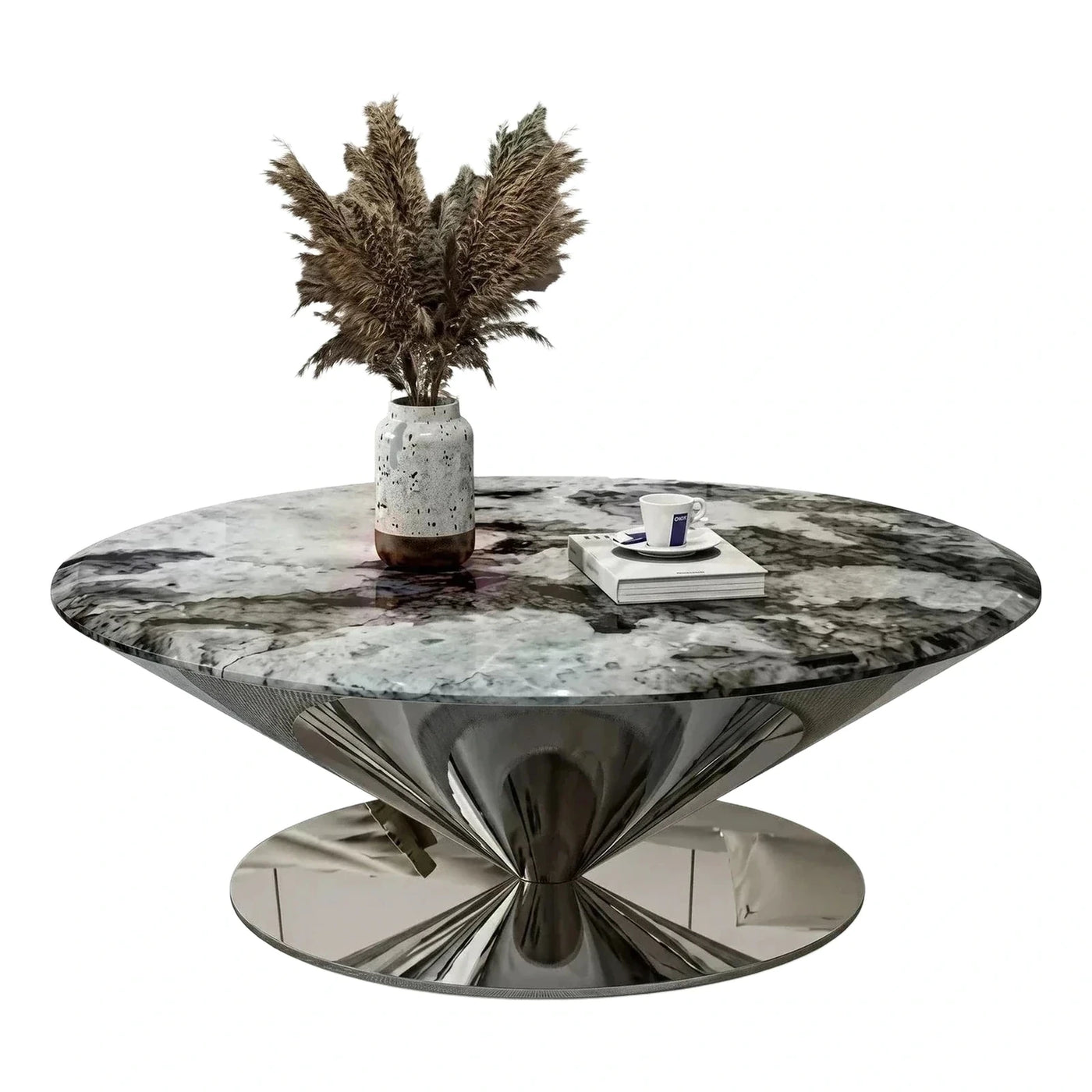 Round Grey Marble Coffee Table with Twisted Metal Base