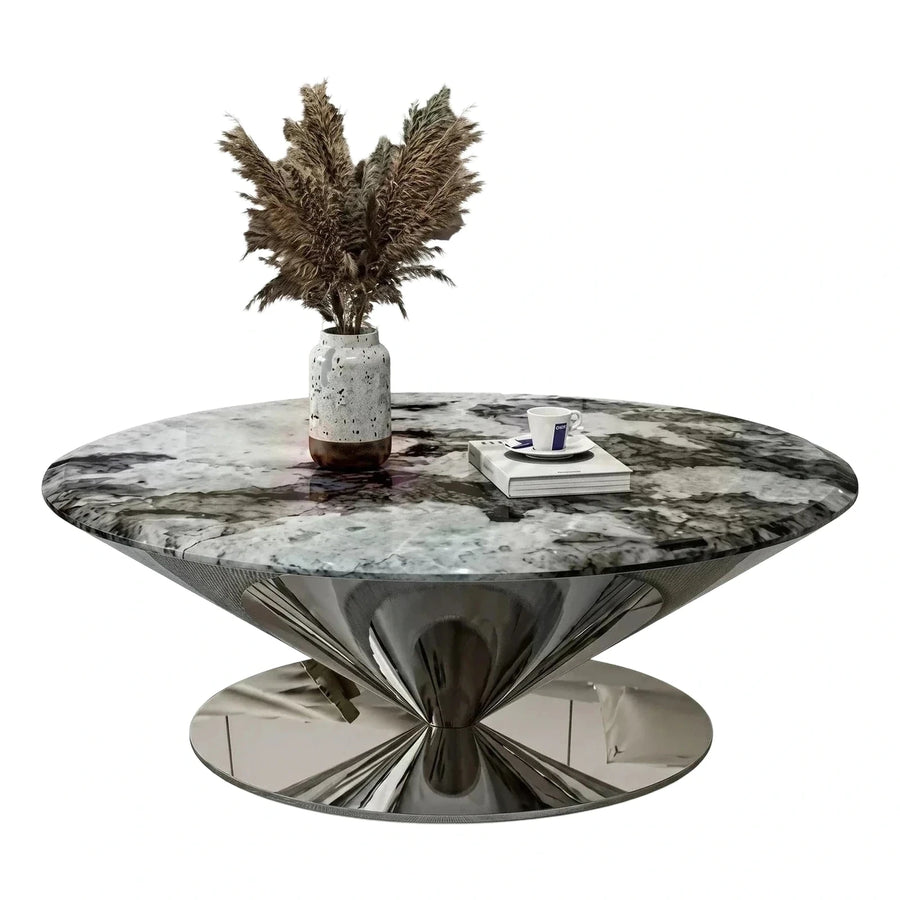 Round Grey Marble Coffee Table with Twisted Metal Base