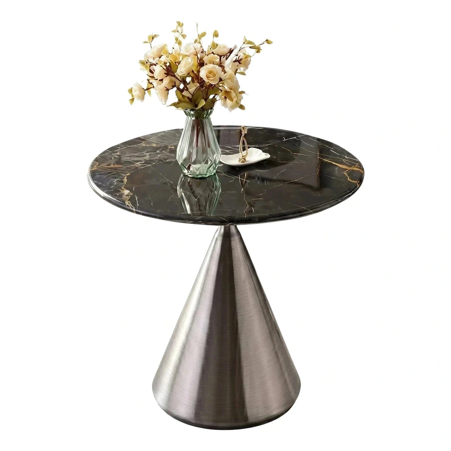 Round Black Marble Top Side Table with Cone Base