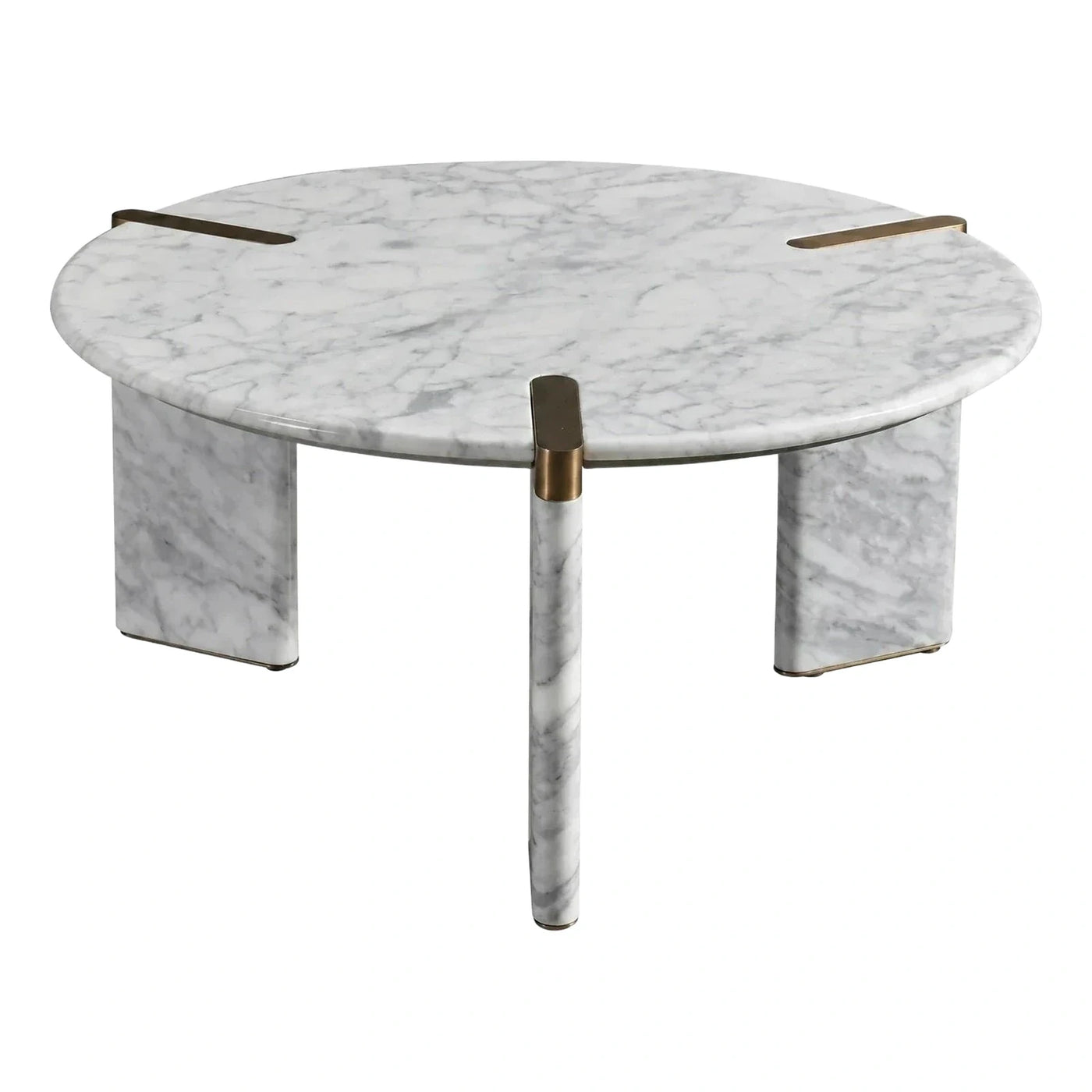 Round White Marble Coffee Table with Brass Accents