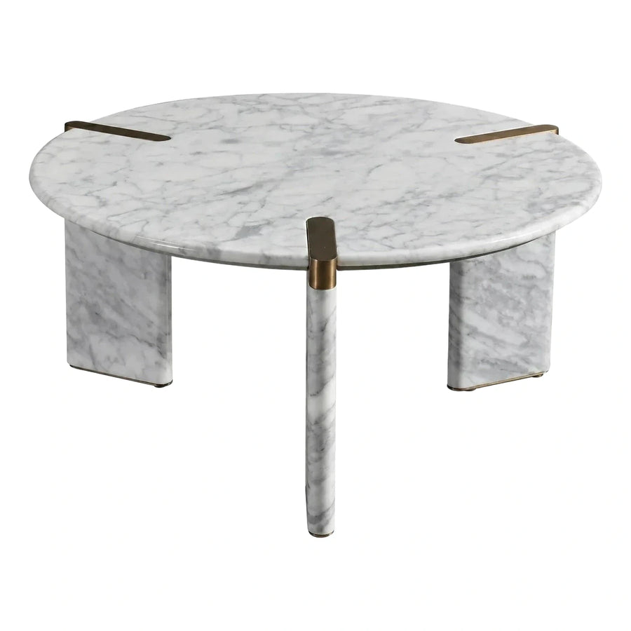 Round White Marble Coffee Table with Brass Accents