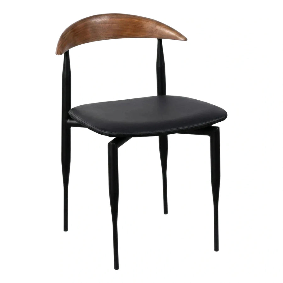 Modern Black Leather Dining Chair with Curved Wood Back