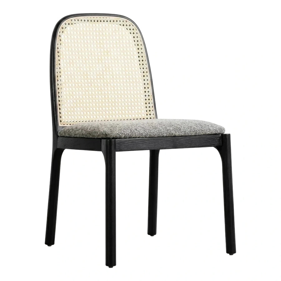 Black Wood Dining Chair with Cane Back and Grey Seat