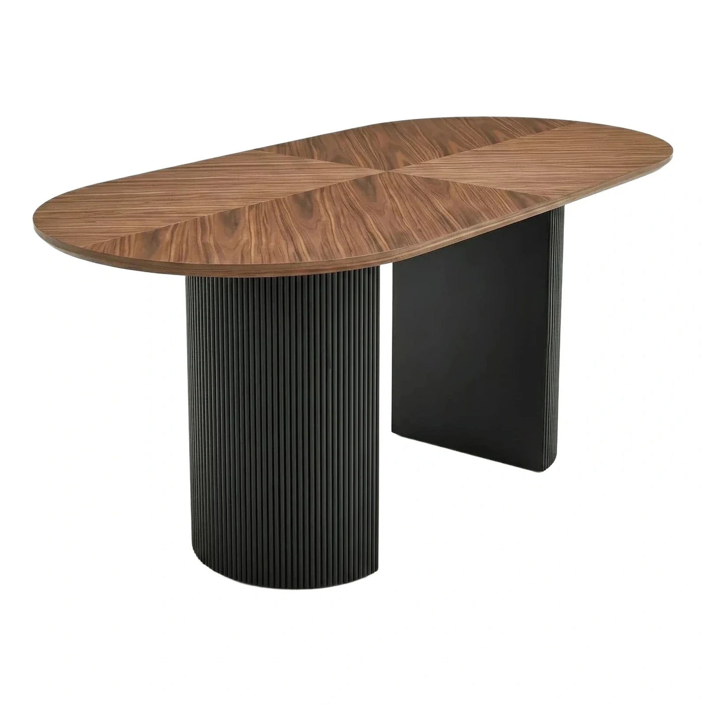 Modern Oval Wood Dining Table with Fluted Black Base