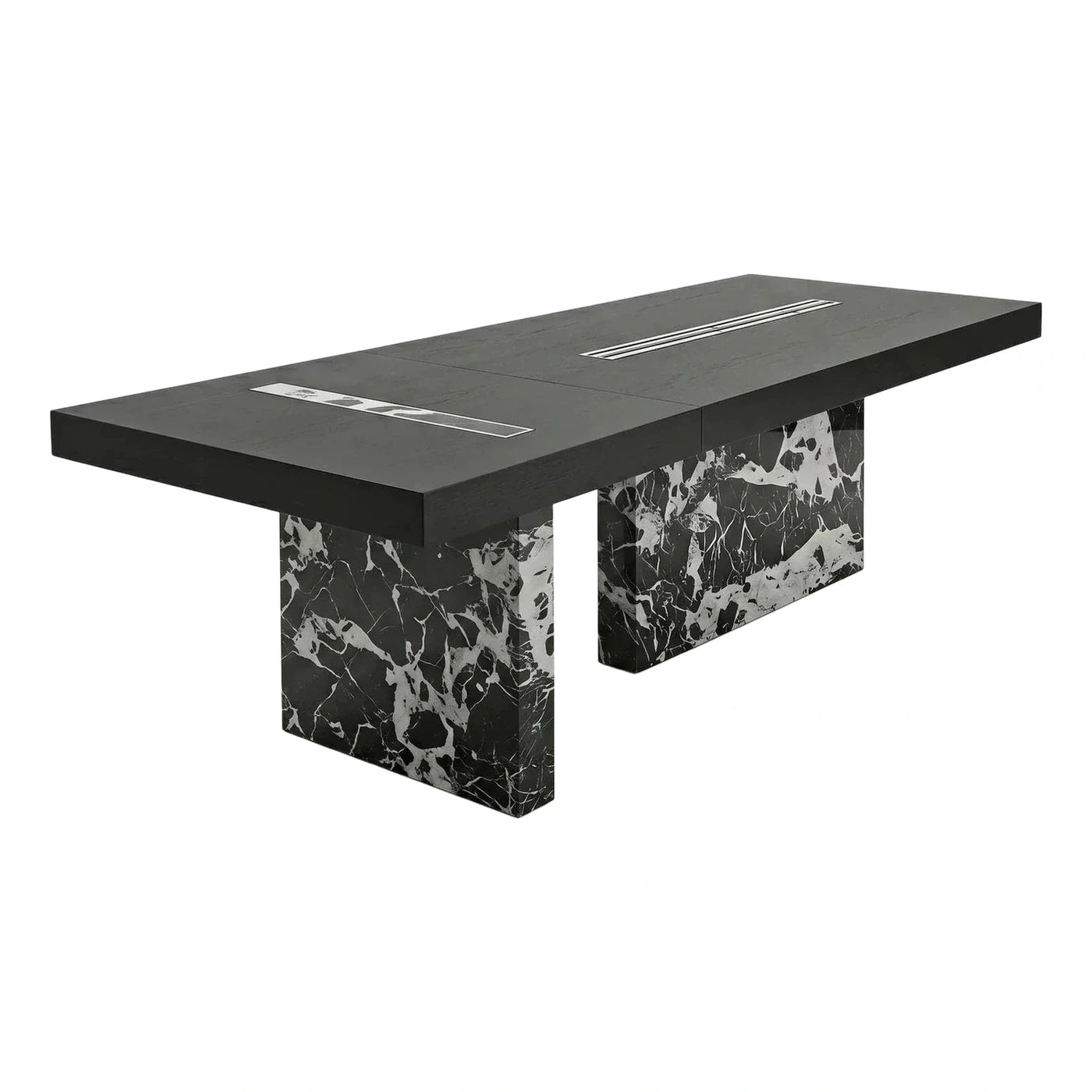 Modern Black Wood Table with Marble Pedestal Base