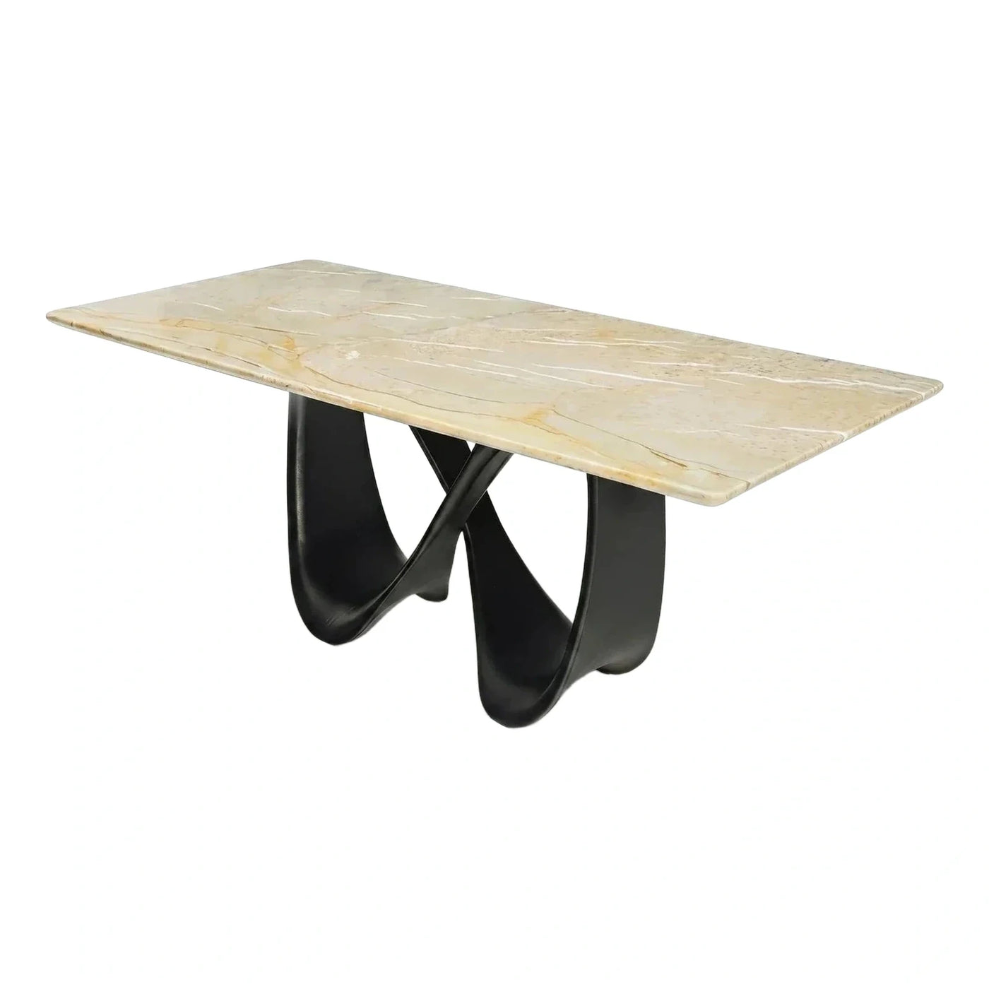 Rectangular Beige Marble Dining Table with Black Sculptural Base