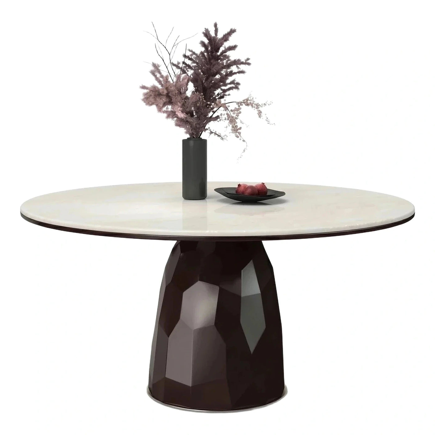 Round White Marble Top Table with Dark Geometric Base