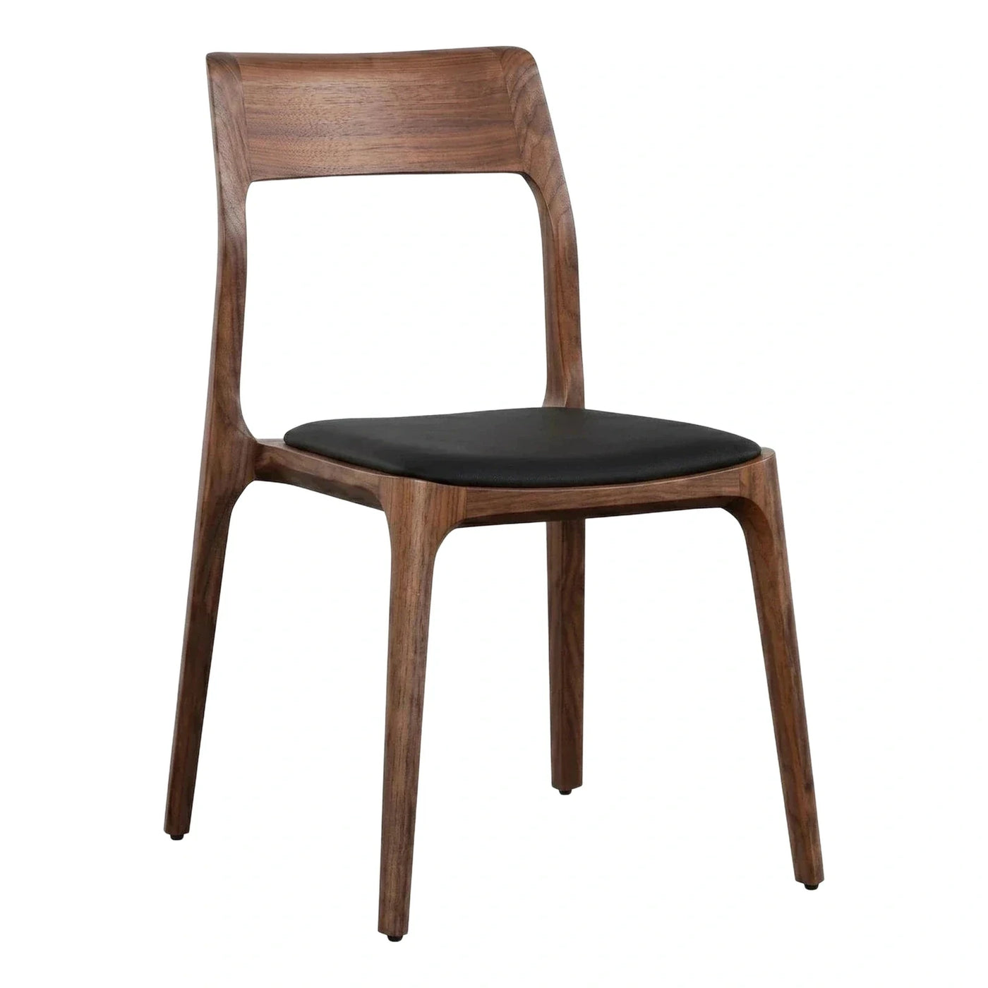 Modern Walnut Wood Dining Chair with Black Leather Seat