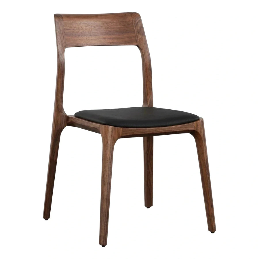 Modern Walnut Wood Dining Chair with Black Leather Seat